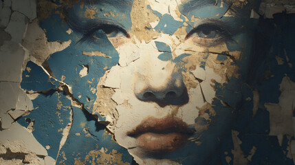 Abstract artistic portrait with peeling paint texture and blue tones. Dramatic wall decay composition showing partial face on cracked surface. Urban art style with vintage effect