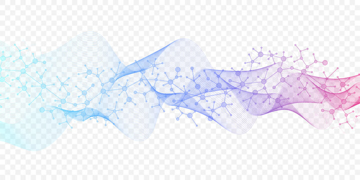 Colorful molecules background with DNA helix, DNA strand, DNA Test. Molecule or atom, neurons. Abstract structure for science, healthcare or medical background, banner. Scientific vector illustration