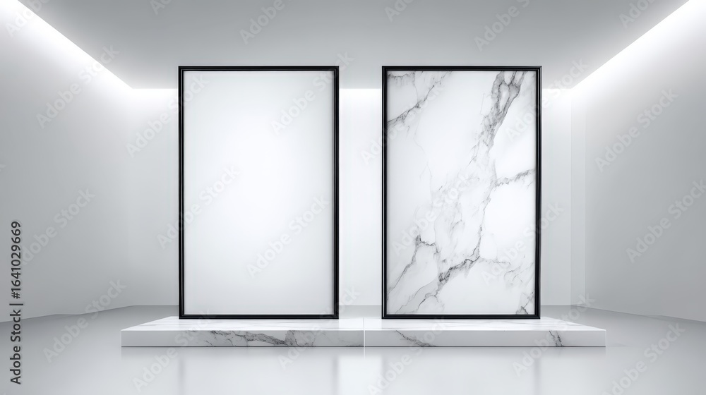 Poster modern gallery interior with two frames on marble stand ready for artwork display or mockups