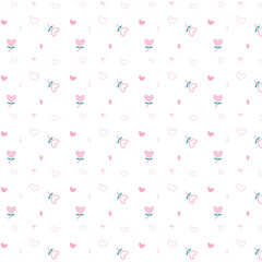 seamless pattern of pink heart-shaped flowers with green leaves and slender pink stems, arranged against a white background. 
