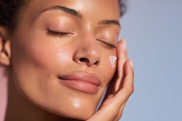 Obraz premium A beautiful Black woman with closed eyes applying a small dab of cream to her smooth, radiant cheek