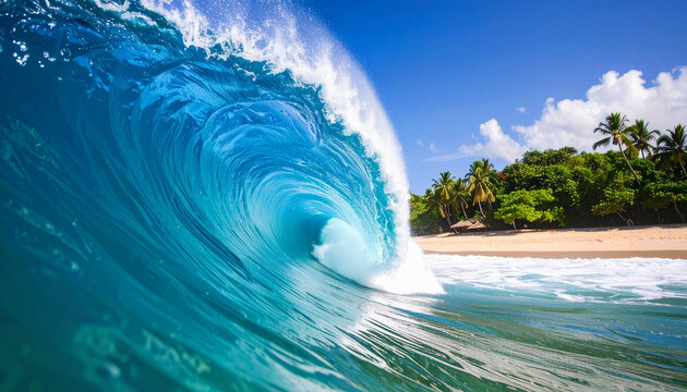 Giant turquoise wave curling into a perfect barrel under golden sunlight, reflecting shimmering light on the ocean surface with a tropical beach and palm trees in the background.
