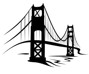 Silhouette of the Golden Gate Bridge in San Francisco, black and white illustration in minimalist style, drawn with brush strokes. Golden Gate Bridge logo. US landmark.