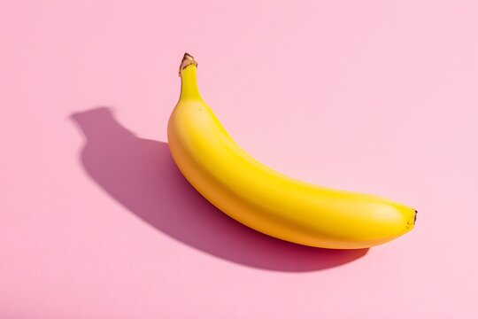 A single bright yellow banana on a vibrant pink background with a long shadow from a high-angle view - Powered by Adobe