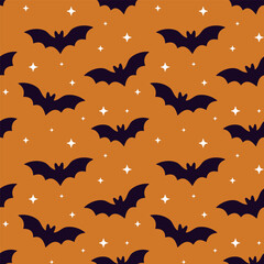 Halloween pattern with bat and stars on orange background