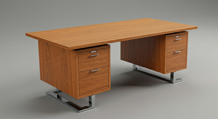 Modern Wooden Office Desk with Chrome Legs and Drawers 1.