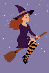 Witch on a broom Halloween Character Illustration