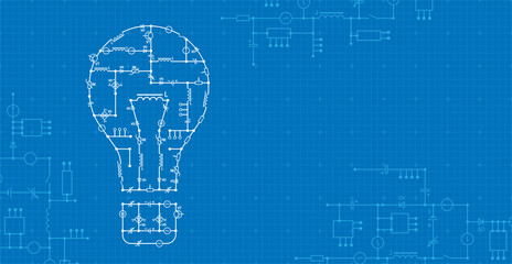 Electricity industry background with electrical circuit diagram and light bulb sign. Vector background from components of conductors, connections, contour, controllers, transistors