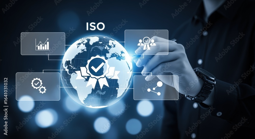 Poster quality assurance concept: businessman demonstrating global standards and certification process thro