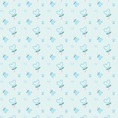 pattern featuring simple, light blue heart-shaped flowers with green leaves and pink stems, the design is set against a white background.