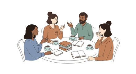 Diverse Group Discussion Around a Table with Books and Tea Cups. Ideal for illustrating community meetings, book clubs, educational settings, or collaborative projects.