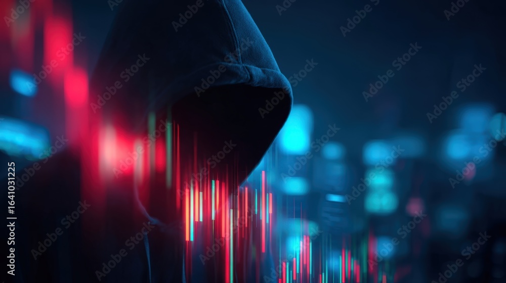 Poster faceless hacker silhouette with financial graph overlay - digital security and cybercrime concept