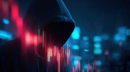 Faceless Hacker Silhouette with Financial Graph Overlay - Digital Security and Cybercrime Concept