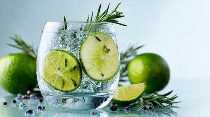 Fototapeta premium glass of gin and tonic with lime and herbs, mixology-style drink on white