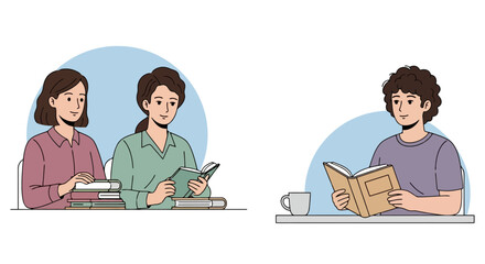 Diverse group of people reading books, studying together, and enjoying literature. Perfect for educational content, book clubs, and promoting literacy initiatives.