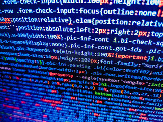 Big data database app. Technology concept hex code digital background. Closeup of Java Script, CSS and HTML. Modern web development background. Focus point on the decrypted word