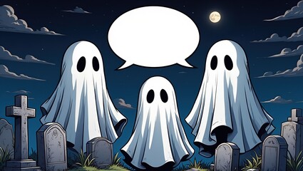 Playful sheet ghosts peeking from behind tombstones with a blank speech bubble above, perfect for custom Halloween messages.