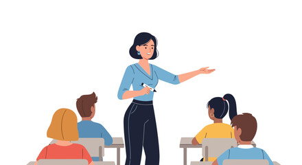 Engaging classroom scene featuring a teacher and students, ideal for educational resources and illustrating learning environments, promoting academic concepts.