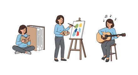 Expressive pursuits showcasing reading, painting, and guitar playing. Ideal for illustrating creative hobbies, personal development, or leisure activities.
