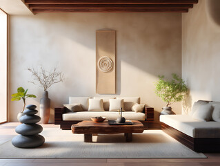 Asian interior in earthy color of  living room.