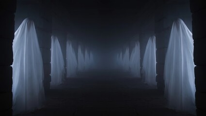 Ethereal wispy ghosts gliding in from both sides of a fog-filled corridor, leaving the center clear for text or design elements.