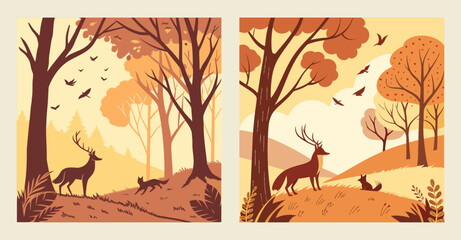 Autumn Forest Scene with Deer and Trees Illustration
