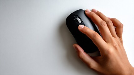 Close Up of a Hand Gripping a Computer Mouse on a Clean White Surface Highlighting Modern Technology and User Interaction in a Minimalist Setting