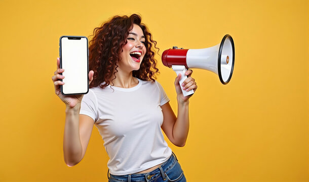 Mujer entusiasta anunciando un mensaje importante con un meg&aacute;fono sobre un fondo amarillo brillante y llamativo