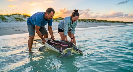 Volunteers helping a sea turtle return to the ocean. A dedicated team on a beach participates in marine life conservation, symbolizing hope, environmentalism, and community effort.