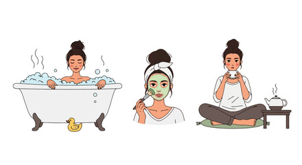 Illustrated Spa Day Routine Depicting Self-Care Activities for Relaxation and Wellbeing Promotion, Ideal for Beauty, Lifestyle, or Wellness-Related Content and Tutorials