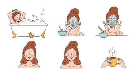 Illustrated Skincare Routine Depicting Bathing, Facial Mask Application, and Relaxation with Hot Drink for Beauty and Self-Care Concepts.