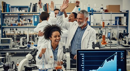 Diverse team of scientists in a modern laboratory collaborating on research. A group of researchers analyzing data, embodying innovation, teamwork, and medical breakthroughs