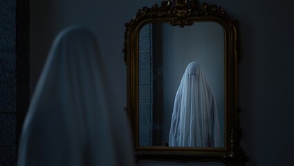A transparent ghostly figure hovers before an antique mirror, its eerie reflection leaving a perfect open area for text or design placement.