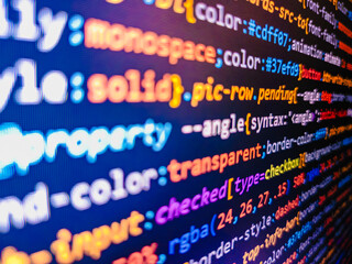 Concept for cyber security. Simple website HTML code with colorful tags in browser view on dark background. Programing workflow abstract algorithm concept. Website programming code