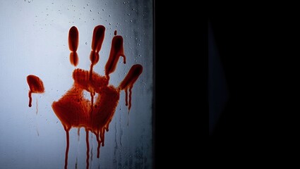 Bloody handprint smeared on foggy glass, eerie atmosphere, dramatic lighting with empty space for text on the right.