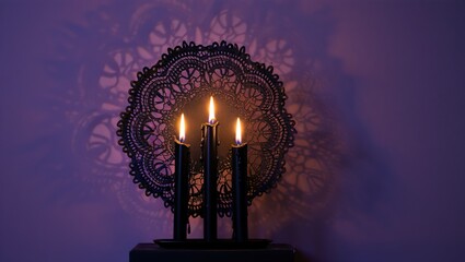 Black lace and flickering candlelight frame a deep purple backdrop, creating a moody, elegant Halloween atmosphere perfect for greetings or designs.