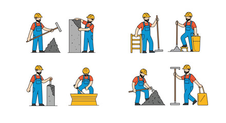 Naklejka premium Diverse Construction Worker Activity Set Showcasing Manual Labor and Skilled Trades for Construction Projects and Industry Illustrations