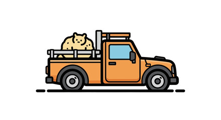 Illustrated Orange Pickup Truck Transporting a Bear Cub, Ideal for Children's Book Illustrations and Educational Resources on Wildlife