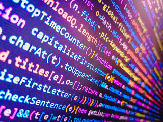 Real Java Script code developing screen. Blue color. Blue theme. Website HTML Code on the Laptop...