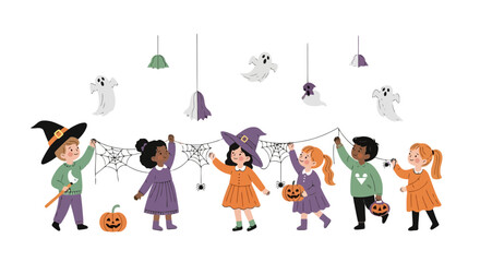 Diverse Group of Children Decorating for Halloween Party with Spooky Decorations and Costumes, Perfect for Halloween Event Promotion and Child-Friendly Design Projects.