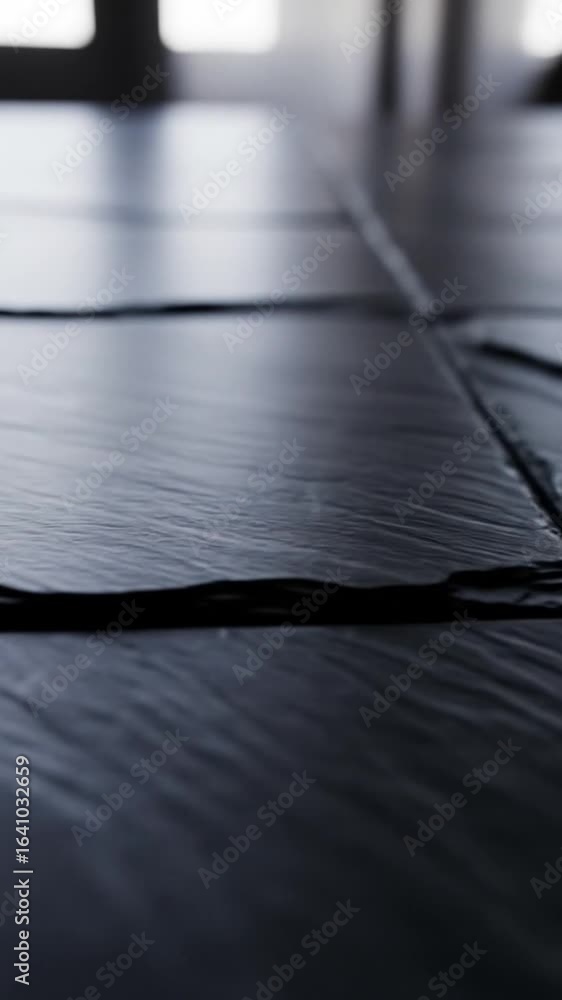 Poster dark stone floor tiles with a rough texture in an indoor setting and blurred background