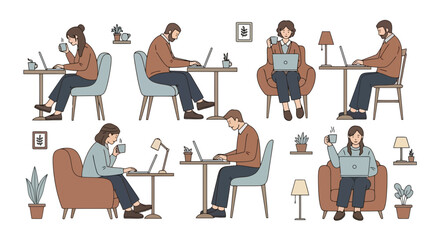 Diverse Individuals Working Remotely with Laptops in Various Home Settings, Illustrating Flexibility and Modern Work Culture for Business and Lifestyle Projects.