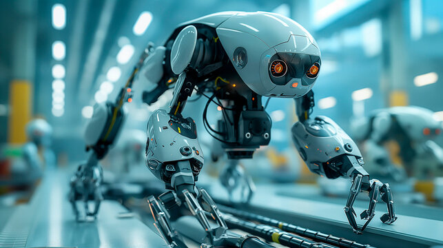 Compact service robot in a futuristic corridor