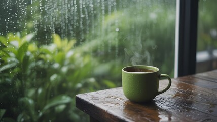 Cozy rainy day vibes with steaming tea in a green mug on a wooden table indoors