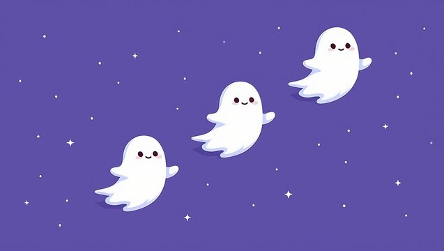 Adorable cartoon ghosts drift playfully across a lavender night sky dotted with stars, leaving a wide, empty center perfect for text or designs.