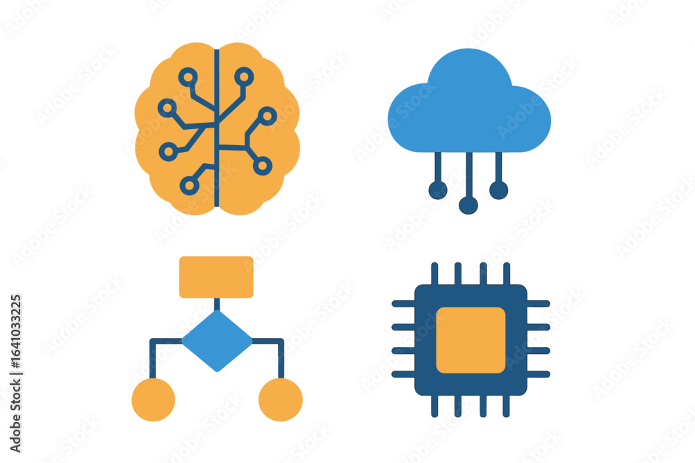 Poster icons depicting concepts of artificial intelligence, cloud computing, data flow, and microchips in a