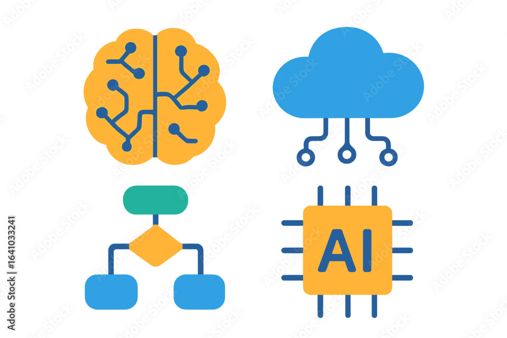 Poster concepts of artificial intelligence represented through colorful graphic elements including brain, c
