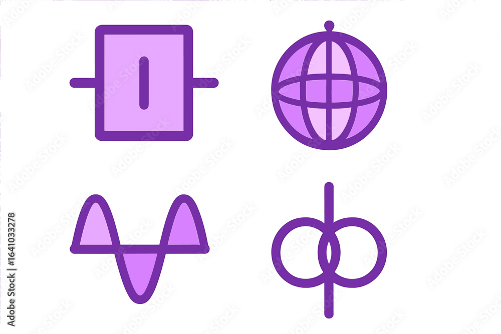 Poster symbols and icons depicting various mathematical and geometric concepts in a modern design