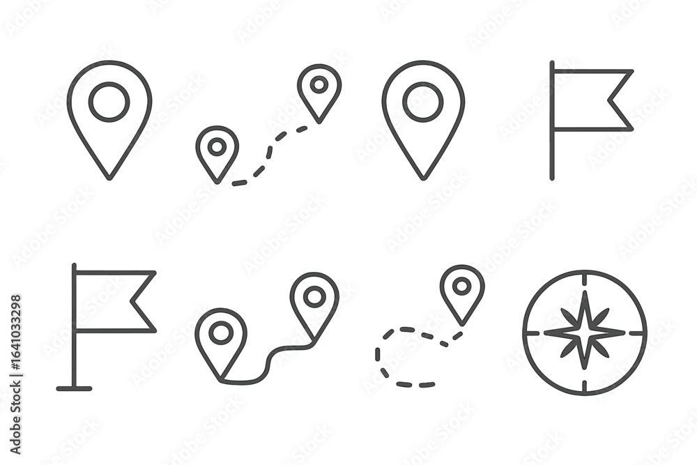 Poster navigation symbols with location markers and flags on a light background in minimalistic style