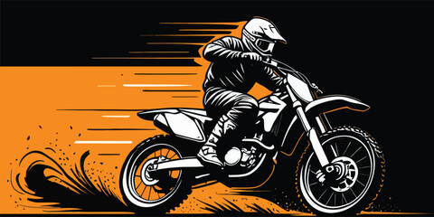 Dynamic Monochromatic Motocross Rider Illustration Against Bold Orange Backdrop Creating a Sense of High Speed and Thrill